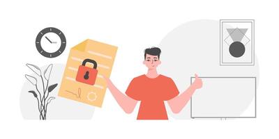 Smart contract concept. Data protection. The man is holding a document. vector