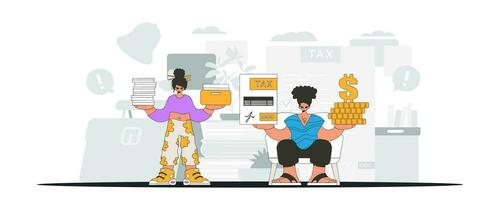 Fashionable guy and girl demonstrate paying taxes. Graphic illustration on the theme of tax payments. vector