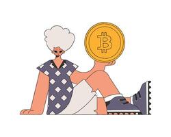The guy is holding a bitcoin coin. Character Trendy retro style. vector