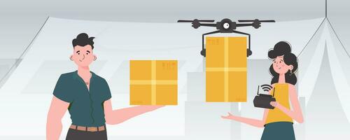 Humanitarian aid concept. The quadcopter is transporting the parcel. Man and woman with cardboard boxes. trendy style. Vector illustration.