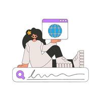 The girl sits on the search line and holds a web browser in her hands. Search for information. Retro style character. vector