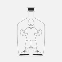 Alcohol addiction. the inspiring man is in the bottle. Newspaper black and white style. vector