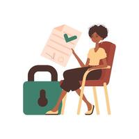 The girl sits in a chair and holds a document in her hands. Smart contract. Data protection. Trend style character. vector