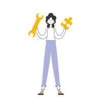 The girl is holding a wrench and a puzzle. Teamwork theme. Linear modern style. Isolated. Vector. vector