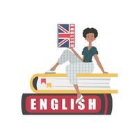 un mujer se sienta en libros y sostiene un Inglés diccionario en su manos. el concepto de aprendizaje inglés. aislado. de moda estilo. vector. vector