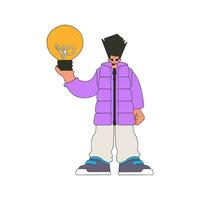 Stylish man holding a light bulb in his hands. Idea theme. vector