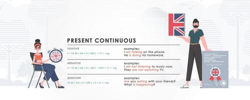 Present continuous. Rule for the study of tenses in English. The concept of teaching English. Trend character flat style. . vector
