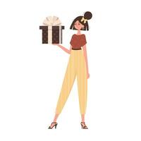 The girl holds a festive gift box in her hands. Trendy character style. vector