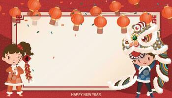 Happy New Year frame with strings of lanterns, people dancing lions and setting off firecrackers vector