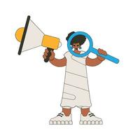 A girl with a megaphone, symbolizing the search for people in the labor market. Attracting workers. vector