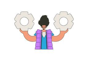 Handsome man holding gears in his hands. Idea theme. vector