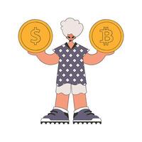 The guy is holding bitcoin and dollar. Character Trendy retro style. vector