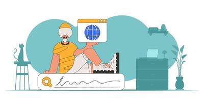 Concept Finding the necessary information on the Internet. A man sits on a search bar and holds a browser window in his hands. Retro style character. vector