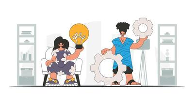 Attractive guy and girl solve problems and generate ideas. Light bulb and gears in their hands. Illustration on the theme of the appearance of an idea. vector