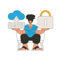 Person with cloud storage, secured with a padlock. vector