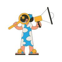 A girl with a megaphone, symbolizing the search for people in the labor market. Human resource and recruitment. vector