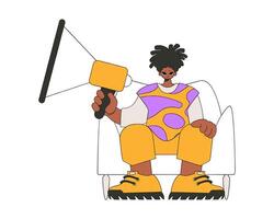 A young man sits in a chair and holds a megaphone in his hand. Good for job search topics. vector