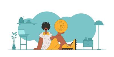 The guy is holding a bitcoin. Cryptocurrency and fiat exchange concept. vector