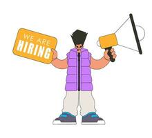 A guy with a megaphone, symbolizing the search for people in the labor market. Attracting workers. vector