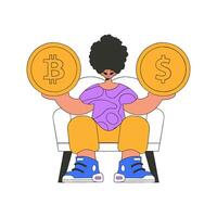 The guy is holding dollar and bitcoin. Character trendy style. vector