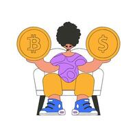 The guy is holding dollar and bitcoin. Character trendy style. vector