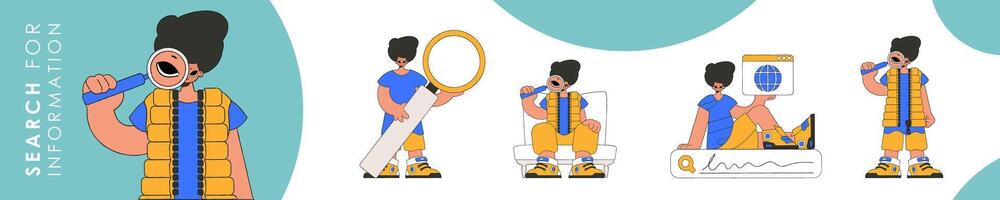 Set of character illustration for information search theme. Collection of scenes with a short guy holding a magnifying glass and looking for information. Retro style character. vector