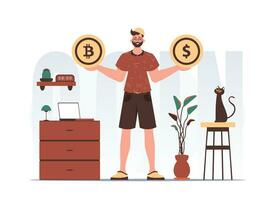 Cryptocurrency concept. A man holds a bitcoin and a dollar in the form of coins in his hands. Character in trendy style. vector