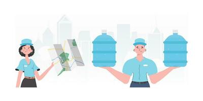 A group of people specializing in the delivery of water. Modern trendy style. Vector. vector