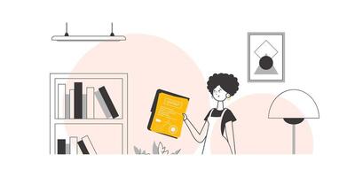 A woman holds a contract in her hands. Lineart minimalistic style. illustration. vector