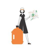 Water delivery concept. The woman is holding a map. Linear style. Isolated, vector illustration.