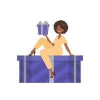 un mujer se sienta en un regalo caja. de moda personaje estilo. vector