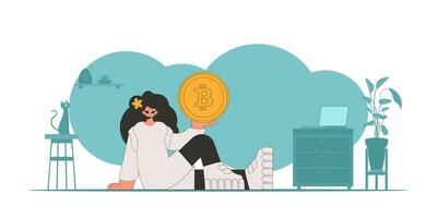 The girl is holding a bitcoin. Theme of interaction with digital monetary assets. vector