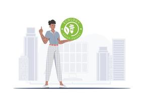 The concept of green energy and ecology. The guy holds the ECO logo in his hands. Vector trend illustration.