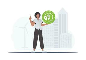 The concept of green energy and ecology. The guy holds the ECO logo in his hands. Fashionable, trendy style. . vector