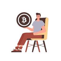 The guy sits in a chair and holds a bitcoin in the form of a coin in his hands. Character in trendy style. vector