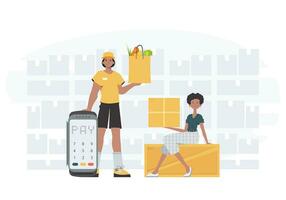 Food and parcel delivery people team. Ready made poster on the theme of delivery. Cartoon style. Vector. vector