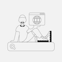 A unique man is holding a browser window. Black and white style. vector