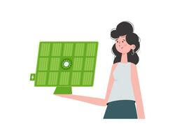 The girl holds a solar panel in her hand. Eco energy concept. Isolated. Vector. trendy style. vector