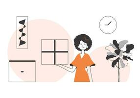 The girl is holding a parcel. The concept of the delivery of goods and parcels. Linear modern style. vector