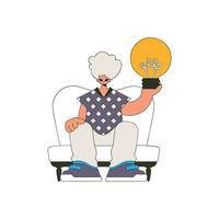 A sophisticated man holds a light bulb in his hands. Idea theme. vector