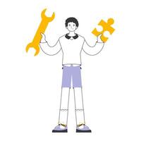 A man is holding a wrench and a puzzle. Teamwork theme. Linear style. Isolated. Vector. vector