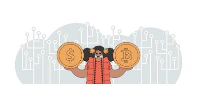The girl is holding a dollar and bitcoin coin. Cryptocurrency theme. vector