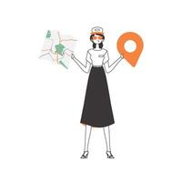 Girl with a map in her hands. Delivery concept. Linear modern style. Isolated, vector illustration.