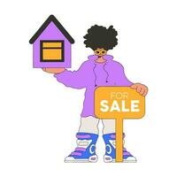 Male realtor holding a house. Home ownership. vector