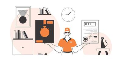 The guy holds a parcel and a check in his hands. Delivery concept. Linear trendy style. vector