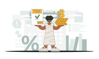 An elegant woman is holding a tax form and coins in her hands. An illustration demonstrating the correct payment of taxes. vector