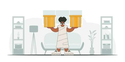 Lovely woman is holding boxes. An art piece showcasing the conveyance of parcels and goods vector