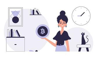 criptomoneda concepto. un mujer sostiene un bitcoin en su manos en el formar de un moneda. personaje con un moderno estilo. vector