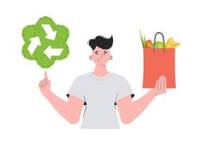 The man is depicted waist-deep and holds a package with healthy food in his hands and shows an icon. Isolated. Trend style, illustration. vector