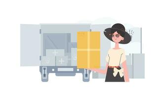 The woman is holding a box. Camp with humanitarian aid. Vector illustration.